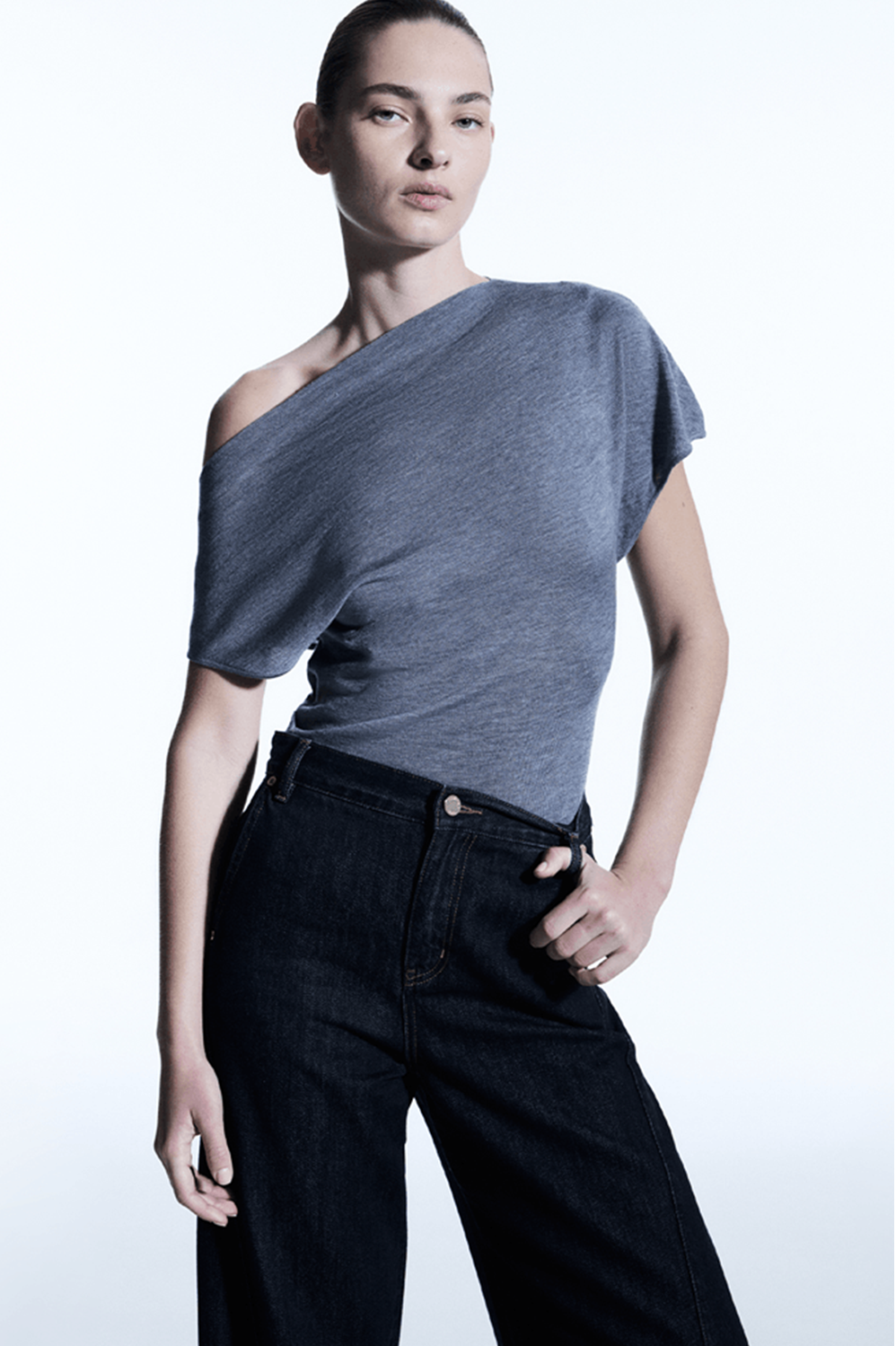 Manning Cartell Signatures collection - melody drape top in grey and barrel denim jean