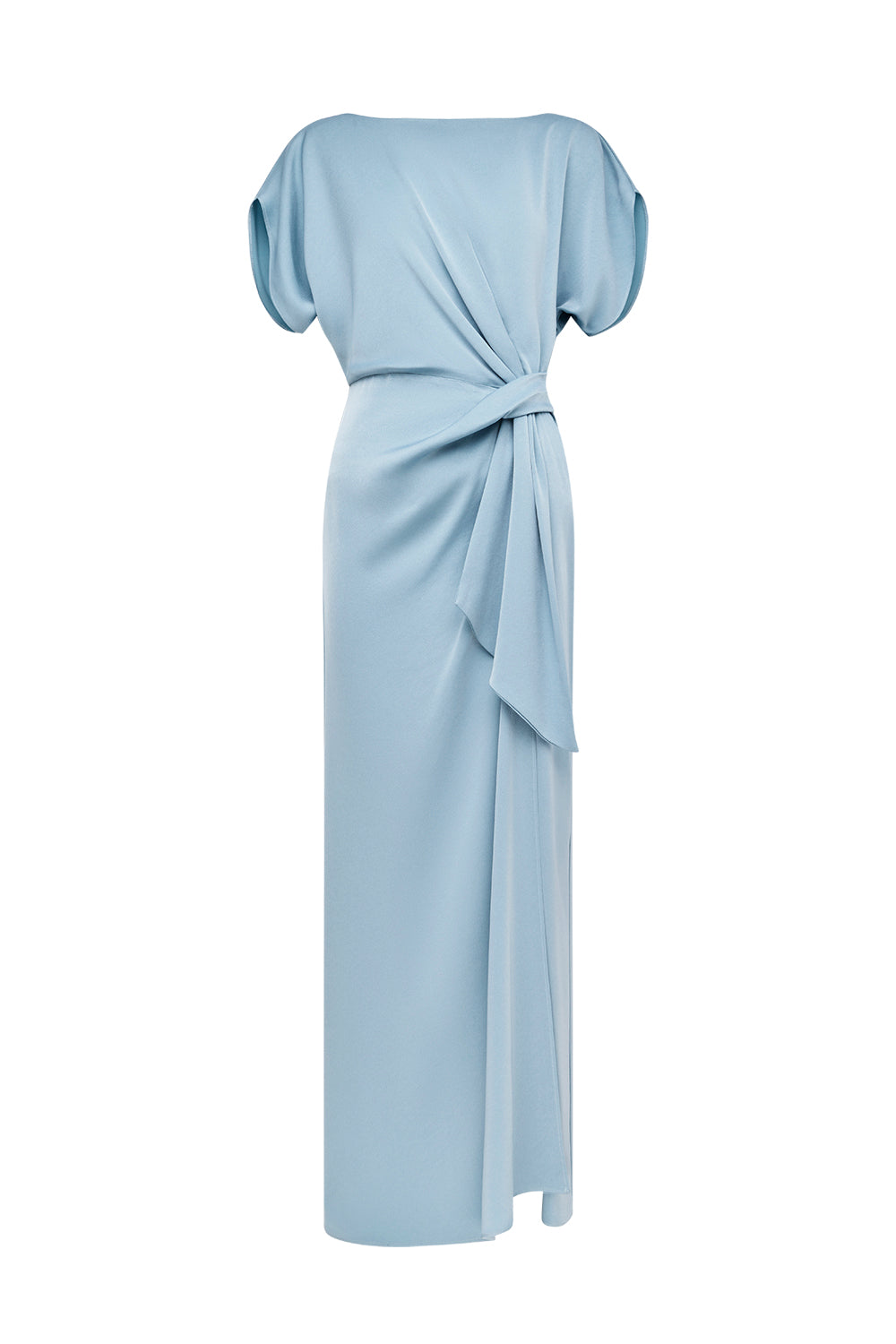 A light blue maxi dress with short puff sleeves, a draped wrap-style bodice, and a side tie detail, shown against a plain white background.