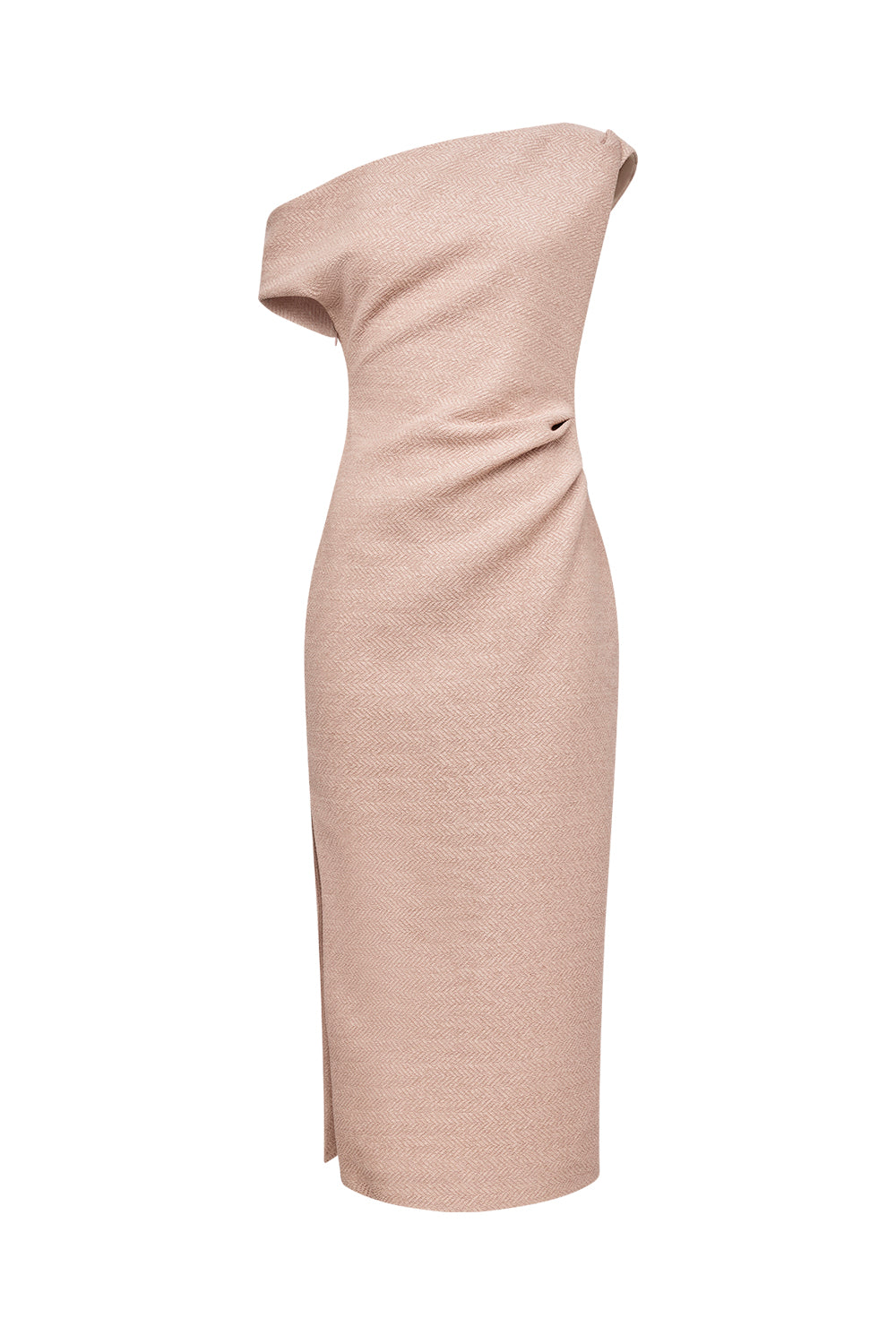 A one-shoulder midi dress in a soft blush pink knit fabric, shown from a side profile view against a plain white background.