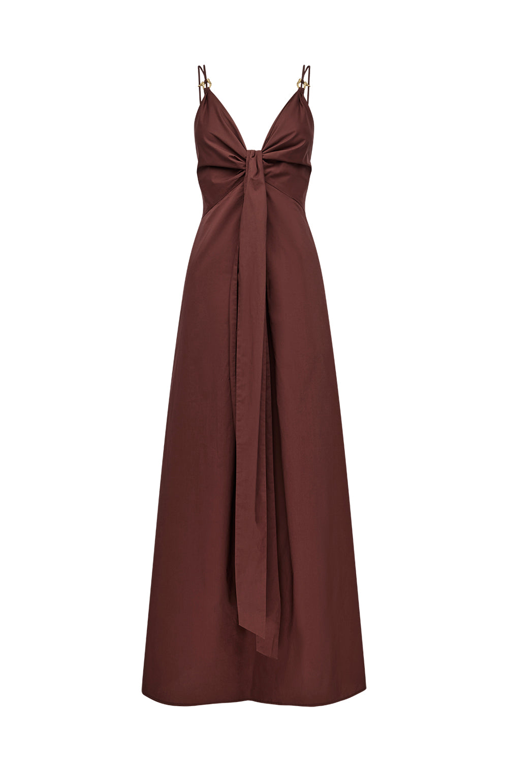 A dark brown sleeveless maxi dress with spaghetti straps, a deep V-neckline, and a large front bow detail, shown against a plain white background.