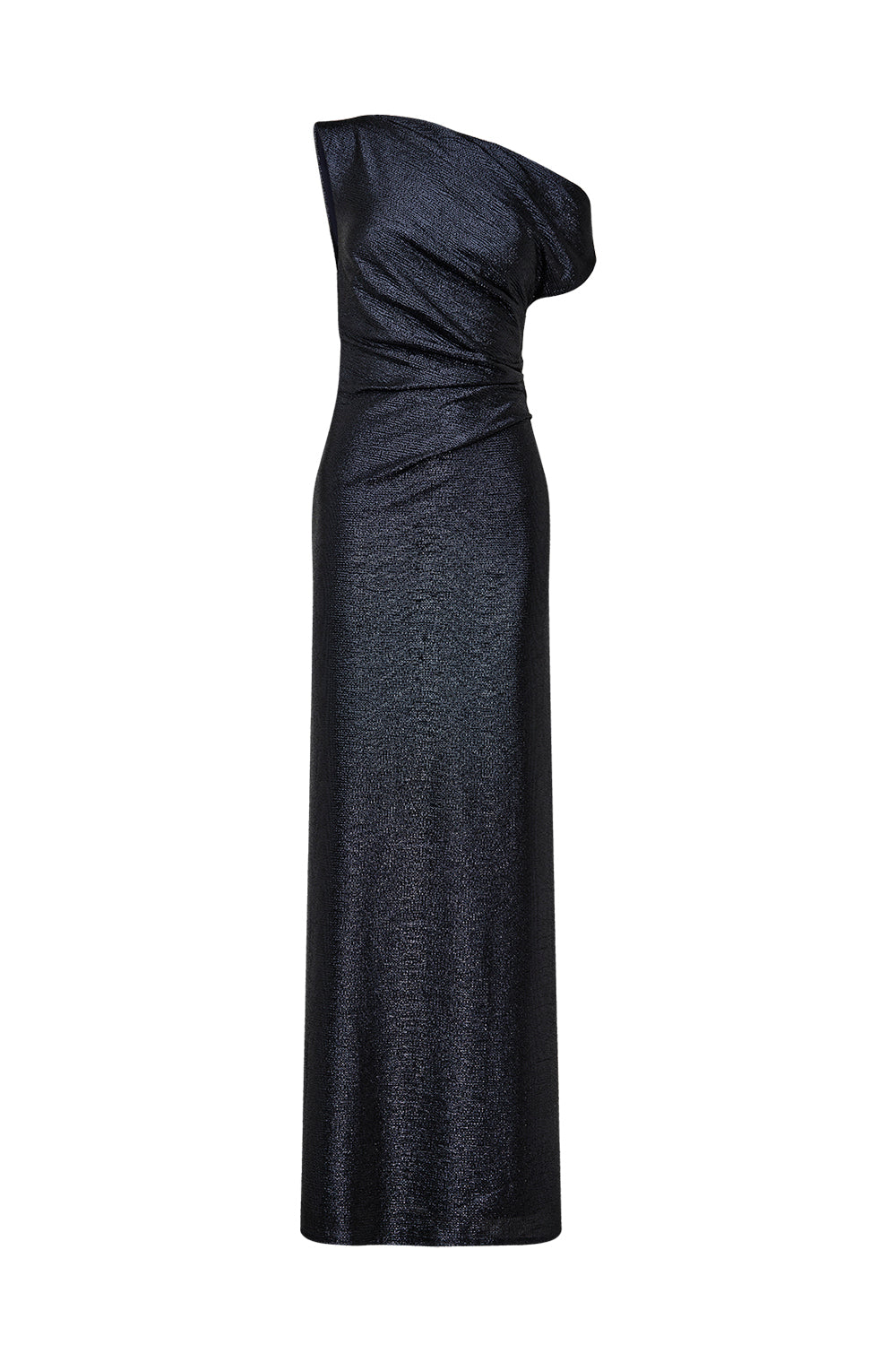 A floor-length, one-shoulder evening gown in a dark metallic navy blue fabric, shown against a plain white background.