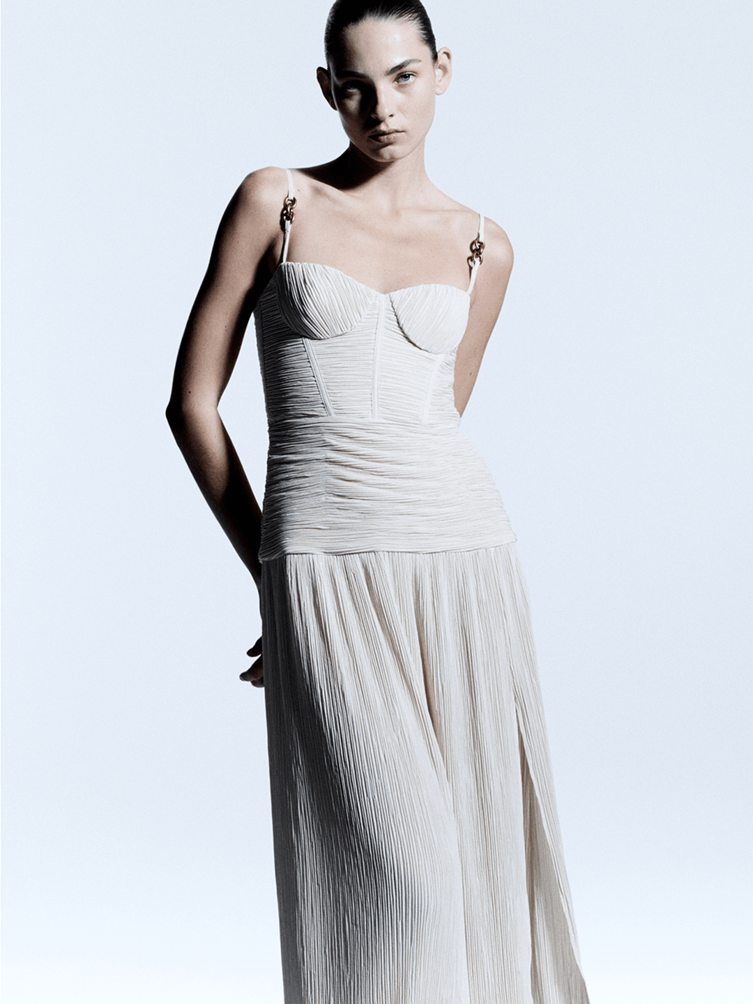 Double Time Pleat Dress in nougat