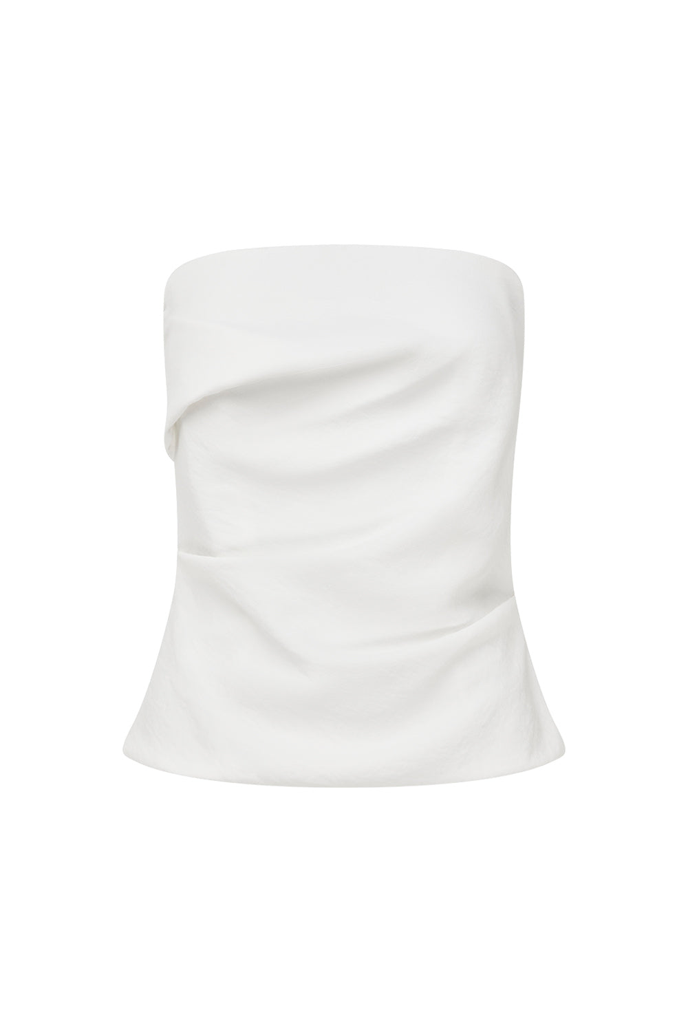 A white strapless tube top with a draped, ruched design, shown against a plain white background.