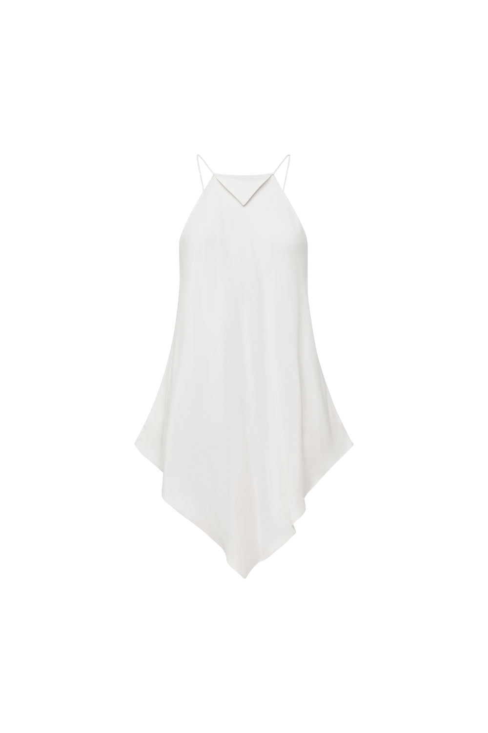 A white high-low camisole dress with thin spaghetti straps and a V-neckline, displayed against a solid white background.