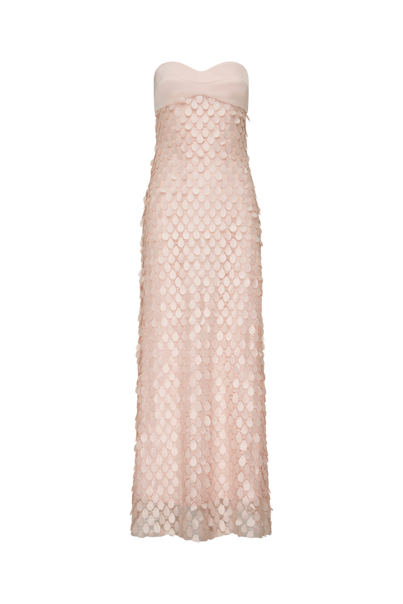 a strapless, long, patterned pink dress on a white background