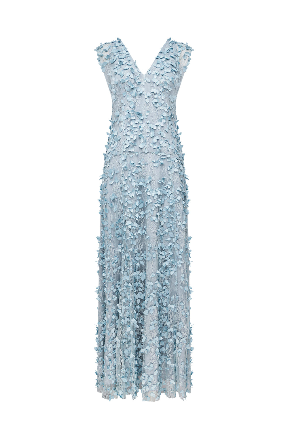 A sleeveless light blue maxi dress with a V-neckline, featuring a textured, 3D floral applique pattern throughout, shown against a plain white background.