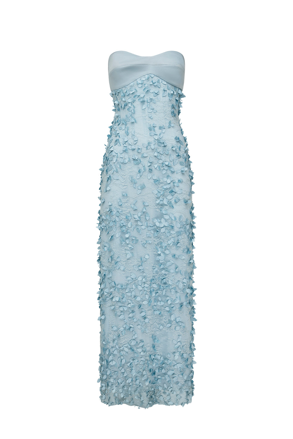 A strapless light blue gown with a sweetheart neckline and a textured, 3D floral applique skirt, shown against a plain white background.