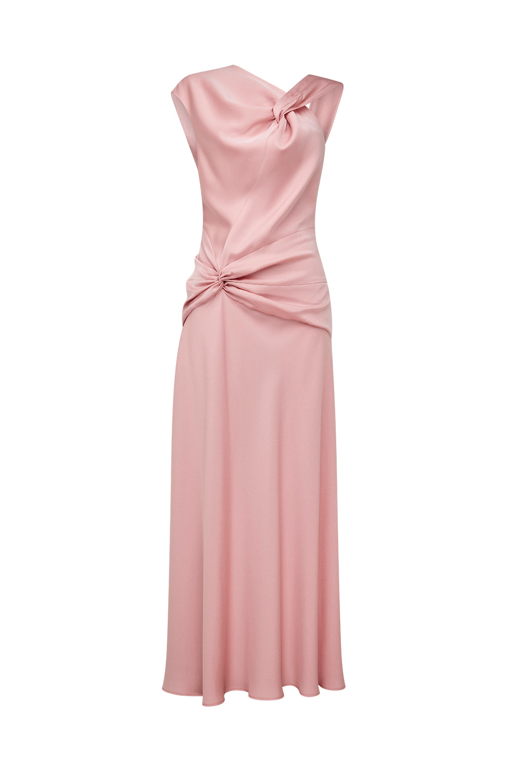 A sleeveless dusty pink satin maxi dress with a draped wrap-style bodice, featuring a twisted knot detail at the waist and a soft draped neckline, shown against a plain white background.