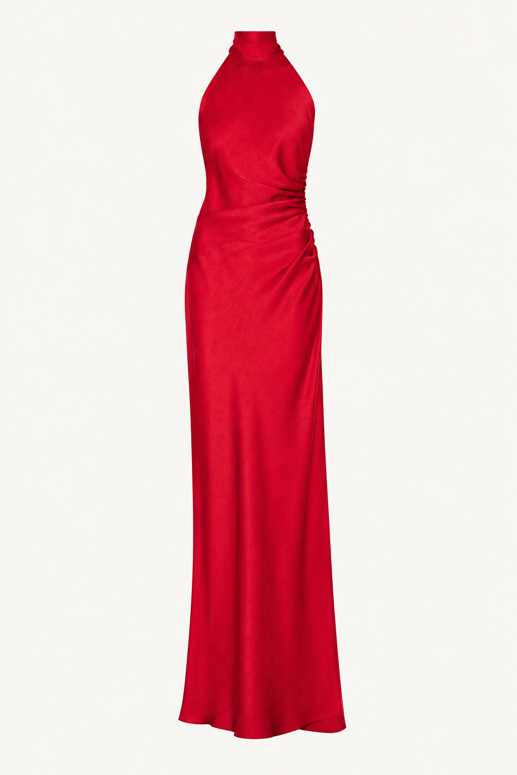 A vibrant red halter-neck maxi dress with ruched detailing at the waist, shown against a plain off-white background.