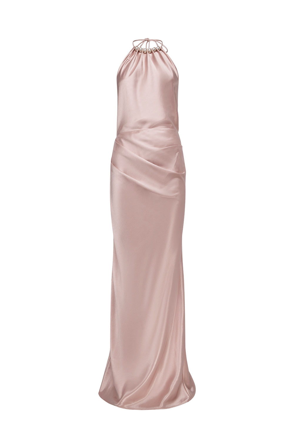 A floor-length halter gown in a soft blush pink satin fabric, featuring a draped waist and a delicate beaded neckline, shown against a plain white background.