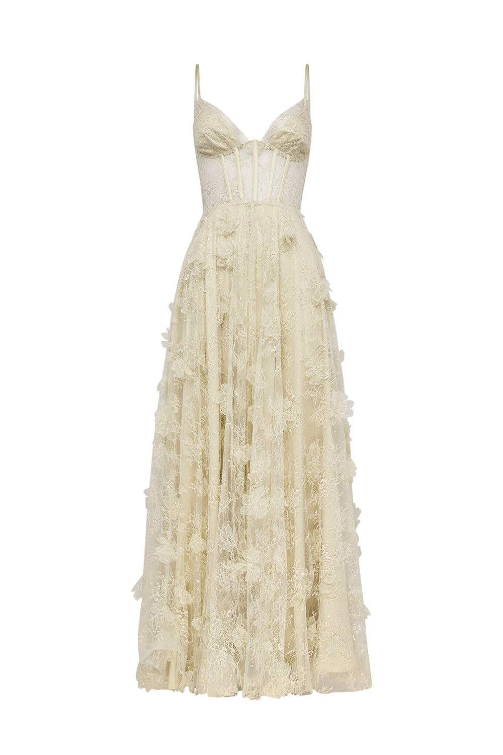 An ivory lace and tulle maxi dress with a sweetheart neckline, corset-style bodice, and layered ruffle skirt, shown on a plain white background.