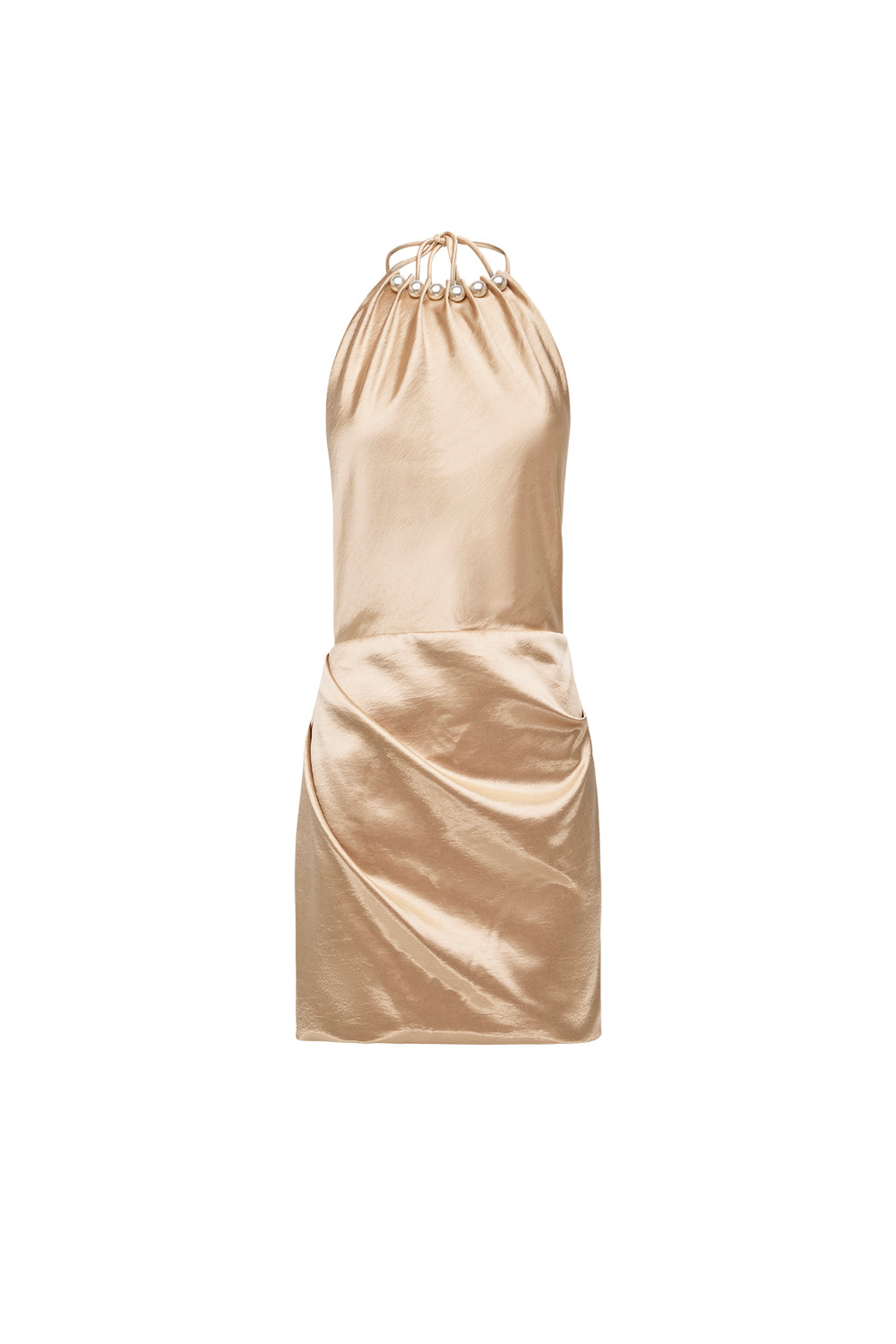 A champagne gold satin halter dress with a beaded neckline, shown against a plain white background.