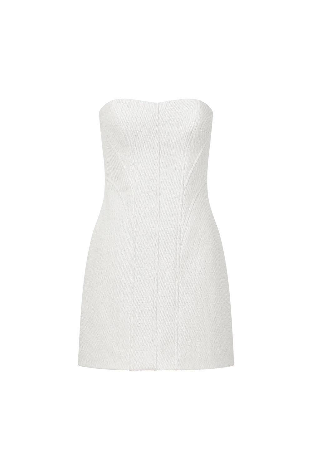 A strapless white mini dress with structured, corset-style seam detailing down the front, shown against a plain white background.