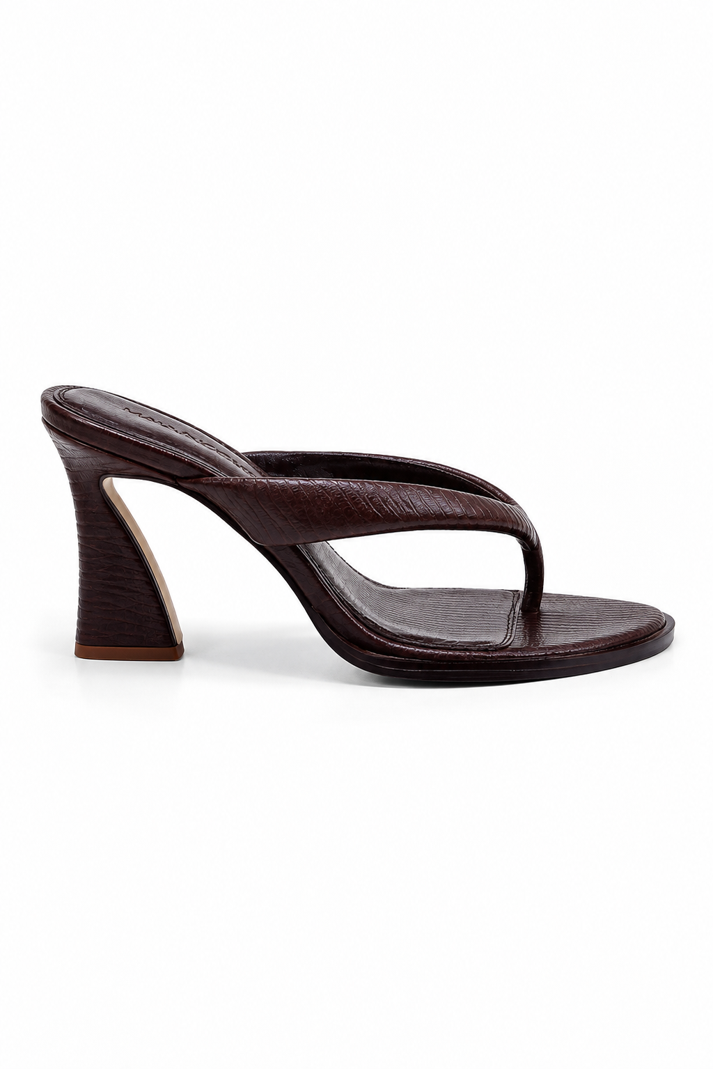 A single dark brown leather thong sandal with a sculptural, curved block heel, shown from a side profile on a clean white background.